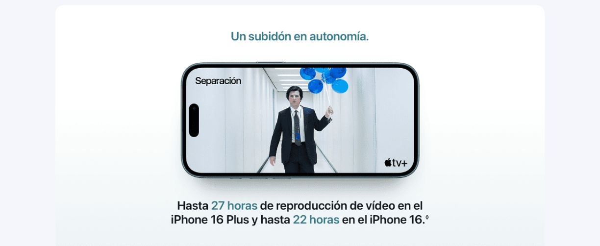 iphone 16Hasta 27 horas de reproducción de vídeo en el iPhone 16 Plus y hasta 22 horas en el iPhone 16.