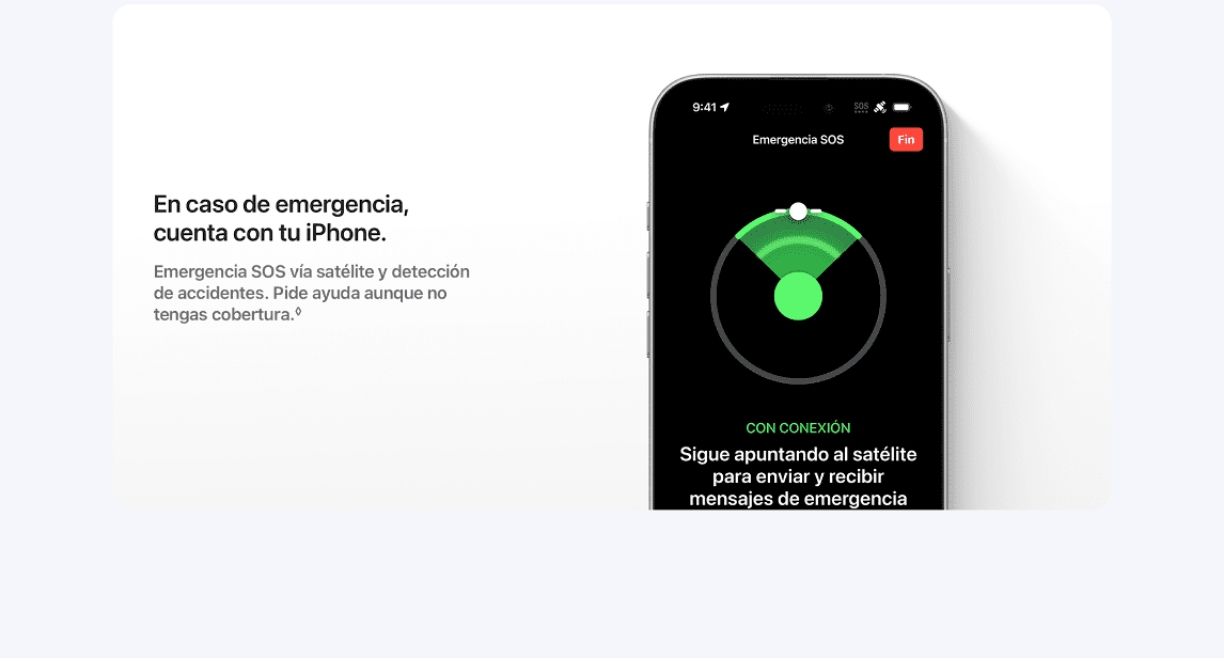 En caso de emergencia, cuenta con tu iPhone 16.  Emergencia SOS vía satélite y detección de accidentes. Pide ayuda aunque no tengas cobertura en tu iphone 16