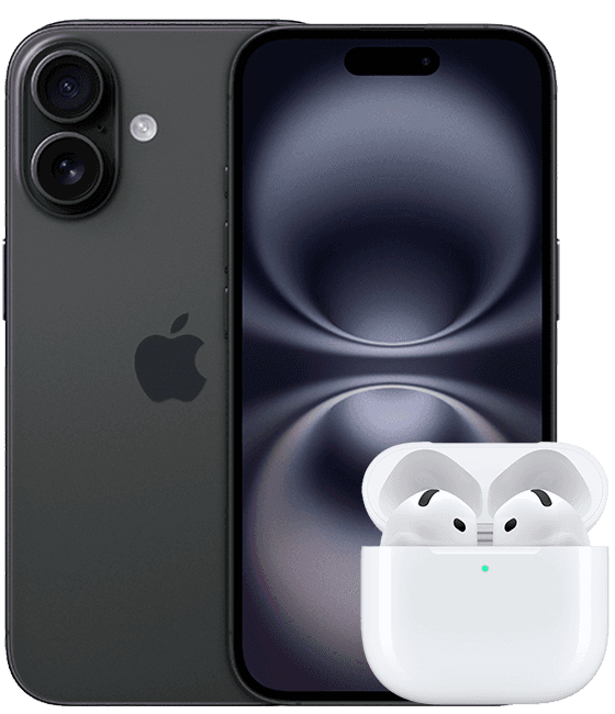iPhone 16 128 GB negro + AirPods 4 con cancelación activa de ruido blancos