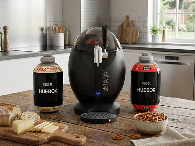 Tirador de cerveza Huebox de Estrella Galicia - Formato doméstico para barriles de 3 L Tirador de cerveza Huebox de Estrella Galicia Formato doméstico para barriles de 3 L