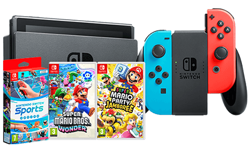 Consola Nintendo Switch + Switch Sports + Super Mario Party Jamboree + Super Mario Bros Wonder Consola Nintendo Switch + Switch Sports + Super Mario Party Jamboree + Super Mario Bros Wonder
