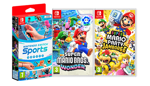 Consola Nintendo Switch + Switch Sports + Super Mario Party Jamboree + Super Mario Bros Wonder Consola Nintendo Switch + Switch Sports + Super Mario Party Jamboree + Super Mario Bros Wonder