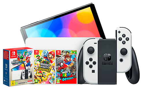 Consola Nintendo Switch OLED + Super Mario Bros Wonder + Super Mario Odyssey + Super Mario Party Jamboree Consola Nintendo Switch OLED + Super Mario Bros Wonder + Super Mario Odyssey + Super Mario Party Jamboree