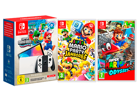 Consola Nintendo Switch OLED + Super Mario Bros Wonder + Super Mario Odyssey + Super Mario Party Jamboree Consola Nintendo Switch OLED + Super Mario Bros Wonder + Super Mario Odyssey + Super Mario Party Jamboree