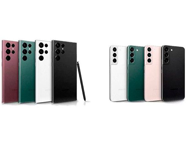 Colores disponibles del Samsung S22 alineados sobre fondo neutro
