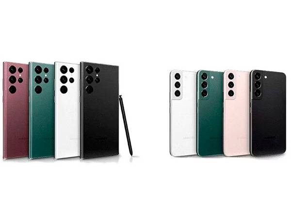 Colores disponibles del Samsung S22 alineados sobre fondo neutro